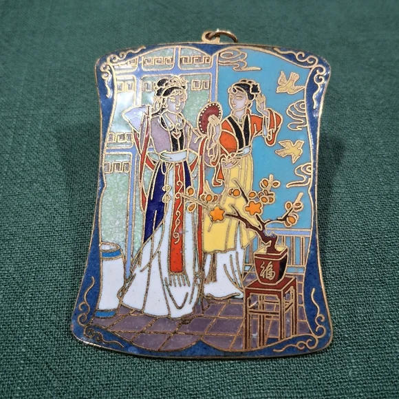 Vintage Cloisonne Pendant For Necklace Asian Scene Enamel - Picture 4 of 9
